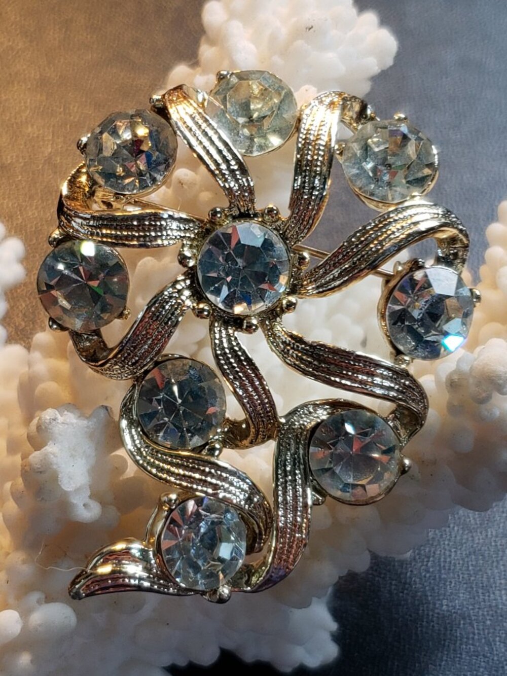 Vintage Rhinestone Brooch Silver Tone Metal Floral Ribbon Design